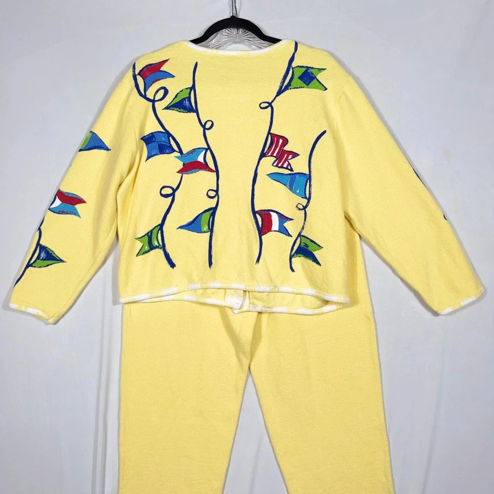 Vtg ONQUE Nautical Lounge Set Cardigan M & Pants L Yellow Cotton Coastal 90s Y2K